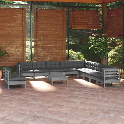 12 Piece Garden Lounge Set with Cushions Grey Solid Pinewood