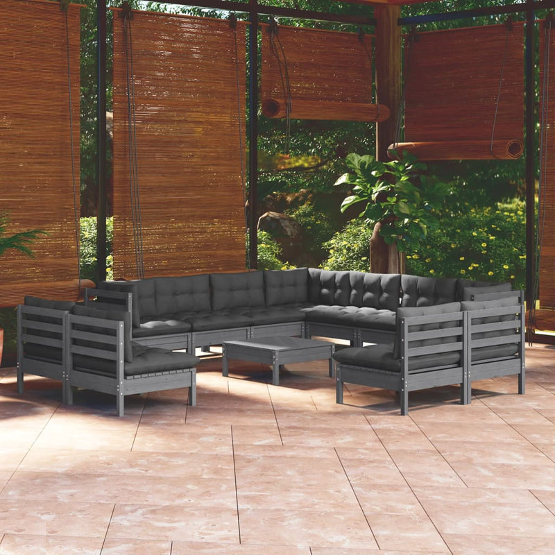 12 Piece Garden Lounge Set with Cushions Grey Solid Pinewood Payday Deals