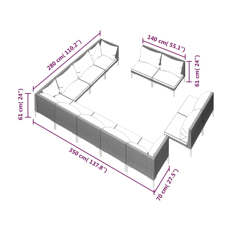12 Piece Garden Lounge Set with Cushions Poly Rattan Dark Grey Payday Deals