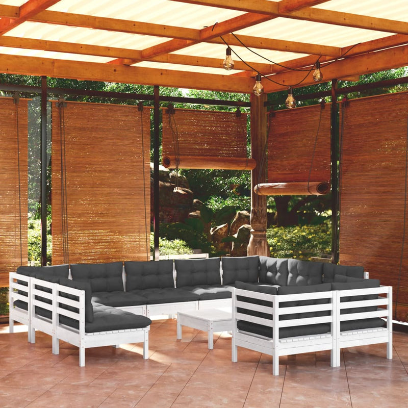 12 Piece Garden Lounge Set with Cushions White Solid Pinewood Payday Deals