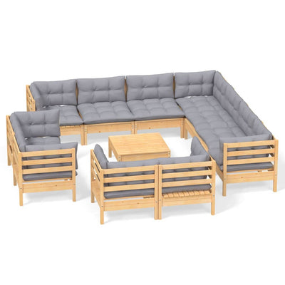 12 Piece Garden Lounge Set with Grey Cushions Solid Pinewood Payday Deals