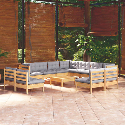 12 Piece Garden Lounge Set with Grey Cushions Solid Pinewood Payday Deals
