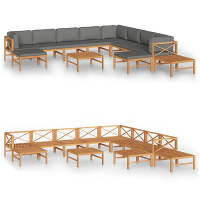 12 Piece Garden Lounge Set with Grey Cushions Solid Teak Wood Payday Deals