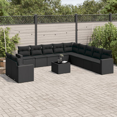 12 Piece Garden Sofa Set with Cushions Black Poly Rattan