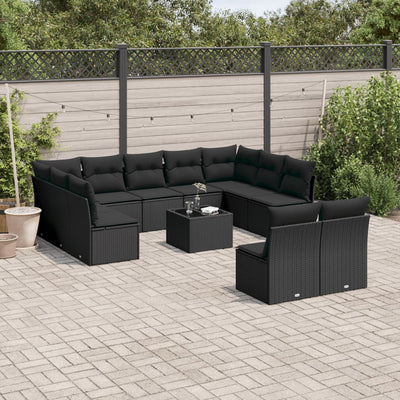 12 Piece Garden Sofa Set with Cushions Black Poly Rattan