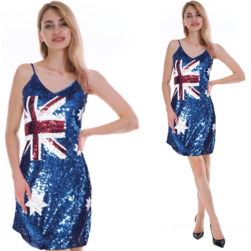 Womens Australia Flag Sequin Dress Australian Day Aussie Oz Costume 