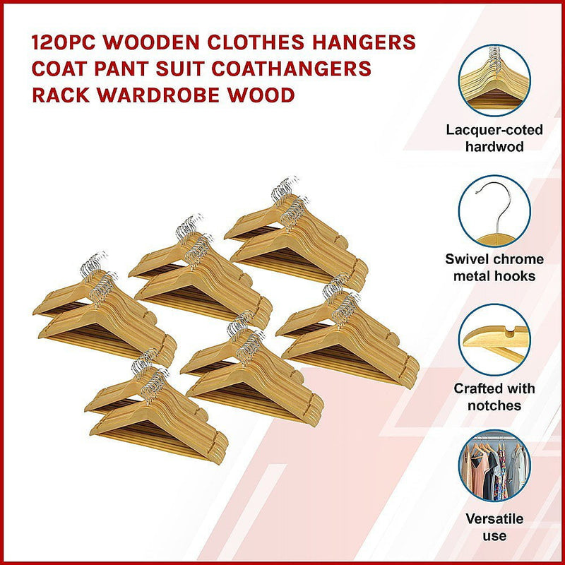 120pc Wooden Clothes Hangers Coat Pant Suit Coathangers Rack Wardrobe Wood Payday Deals