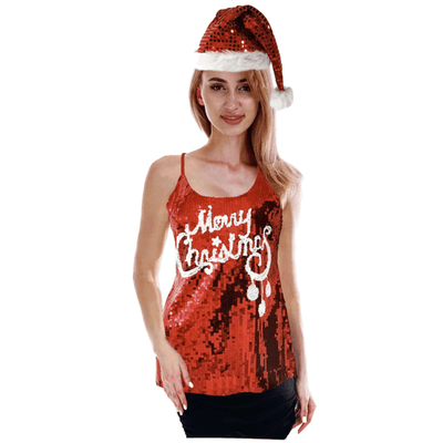 Womens Merry Christmas Sequin Singlet Camisole Cami Costume Party Xmas