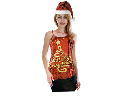 Womens Merry Christmas Tree Sequin Singlet Camisole Cami Costume Xmas Party