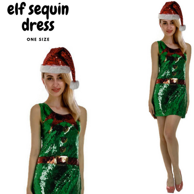 Womens Christmas Sequin Elf Dress Costume Party Dress Up Xmas Ladies