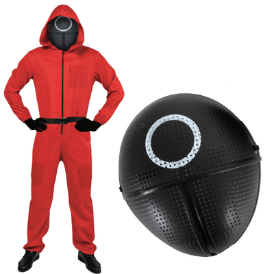 Adult Squid Game Guard Tracksuit Red Full Party Costume Set w/ Mask