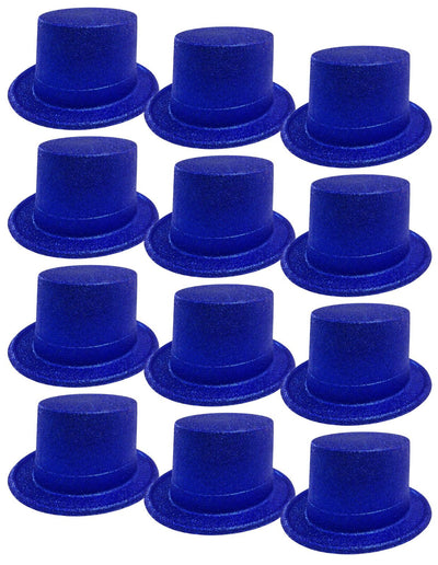 12x GLITTER TOP HAT Fancy Party Plastic Costume Tall Cap Fun Dress Up BULK - Blue
