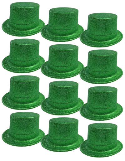 12x GLITTER TOP HAT Fancy Party Plastic Costume Tall Cap Fun Dress Up BULK - Green