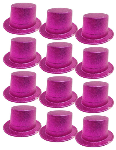 12x GLITTER TOP HAT Fancy Party Plastic Costume Tall Cap Fun Dress Up BULK - Hot Pink