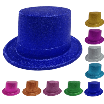 12x GLITTER TOP HAT Fancy Party Plastic Costume Tall Cap Fun Dress Up BULK - Mixed Colour Pack