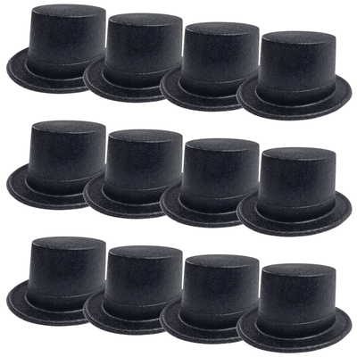 12x GLITTER TOP HAT Fancy Party Plastic Costume Tall Cap Fun Dress Up BULK - Black