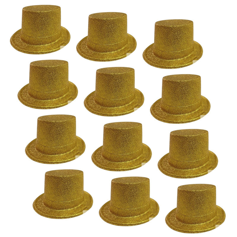 12x GLITTER TOP HAT Fancy Party Plastic Costume Tall Cap Fun Dress Up BULK - Yellow/Gold Payday Deals