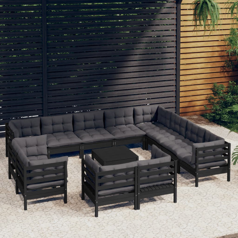 13 Piece Garden Lounge Set with Cushions Black Solid Pinewood Payday Deals