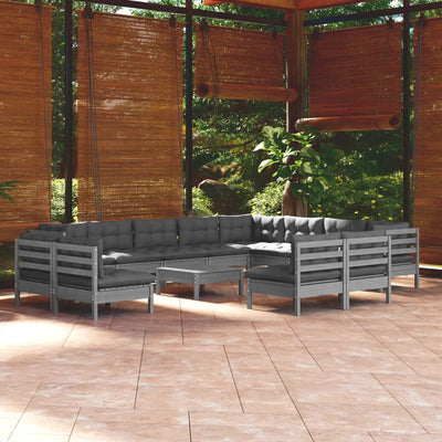 13 Piece Garden Lounge Set with Cushions Grey Solid Pinewood