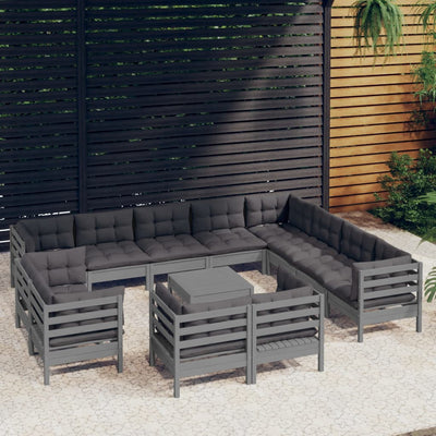 13 Piece Garden Lounge Set with Cushions Grey Solid Pinewood
