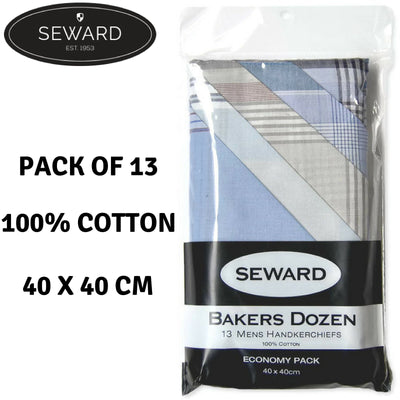 13x Mens Handkerchiefs SEWARD 100% Cotton Pocket Square Hankies Hanky Quality Payday Deals