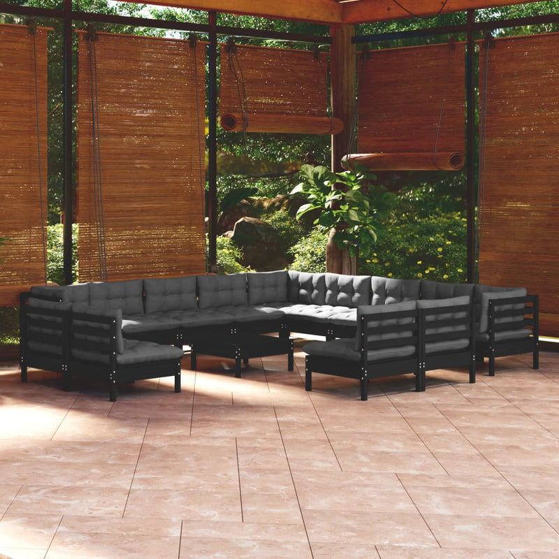 14 Piece Garden Lounge Set with Cushions Black Solid Pinewood Payday Deals