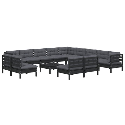 14 Piece Garden Lounge Set with Cushions Black Solid Pinewood Payday Deals