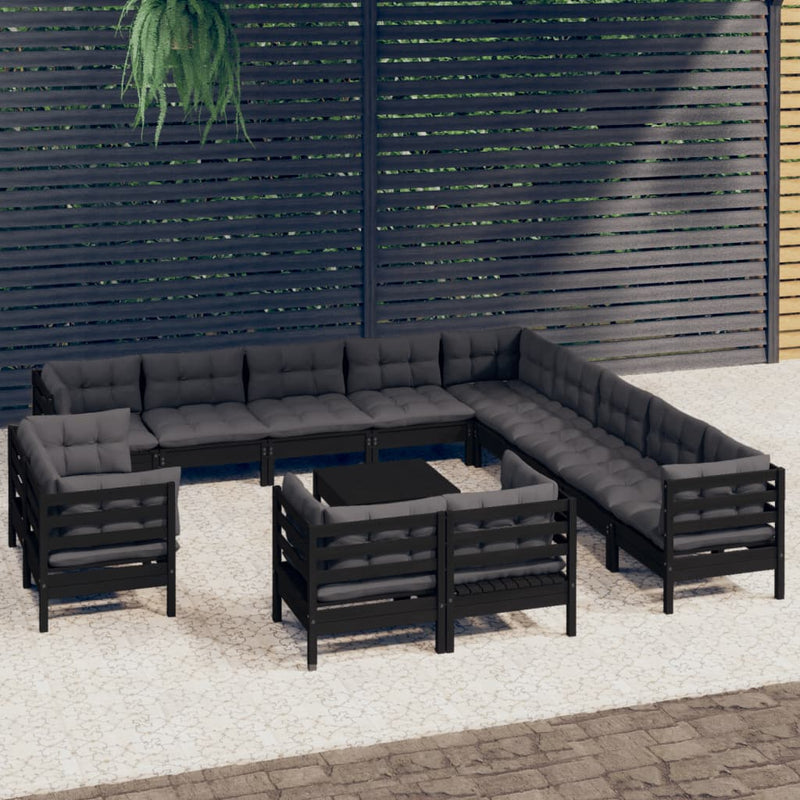 14 Piece Garden Lounge Set with Cushions Black Solid Pinewood Payday Deals