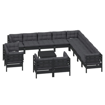 14 Piece Garden Lounge Set with Cushions Black Solid Pinewood Payday Deals
