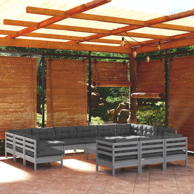 14 Piece Garden Lounge Set with Cushions Grey Pinewood