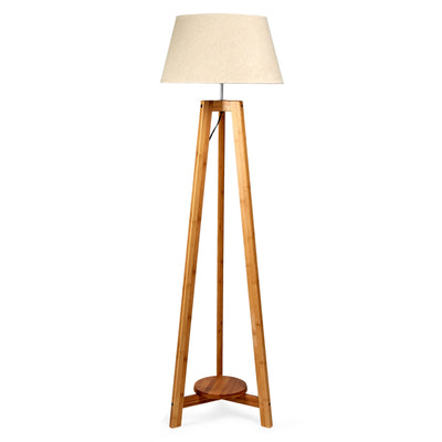 155cm Large Bamboo Wooden Tripod Floor Lamp w Beige Linen Light Shade