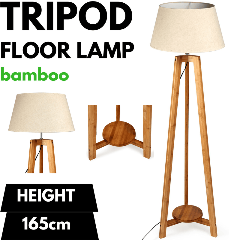 155cm Large Bamboo Wooden Tripod Floor Lamp w Beige Linen Light Shade Payday Deals