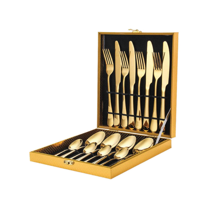 16 Piece Gold Cutlery Set - Stainless Steel Flatware Knife Fork Spoon Gift Box Payday Deals