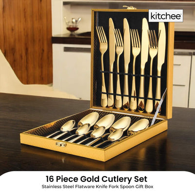 16 Piece Gold Cutlery Set - Stainless Steel Flatware Knife Fork Spoon Gift Box Payday Deals