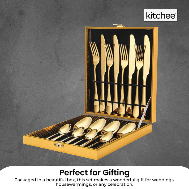 16 Piece Gold Cutlery Set - Stainless Steel Flatware Knife Fork Spoon Gift Box Payday Deals