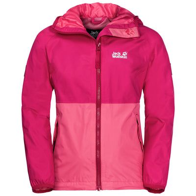 Jack Wolfskin Rainy Day Girls Jacket Pockets High-vis Waterproof Hooded Zip Kids