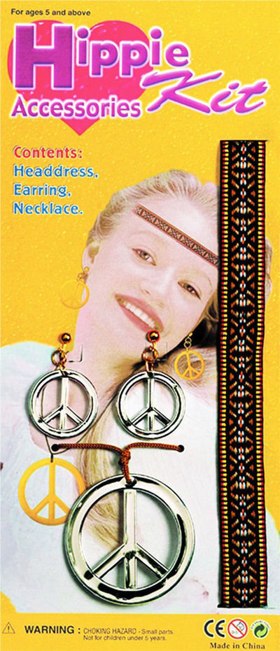 HIPPIE KIT Necklace Earrings Peace Signs Set Party Costume Halloween 60s Hippy