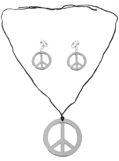 HIPPIE Necklace & Earring Set Peace Signs Party Costume Halloween 60s 70s - Silver