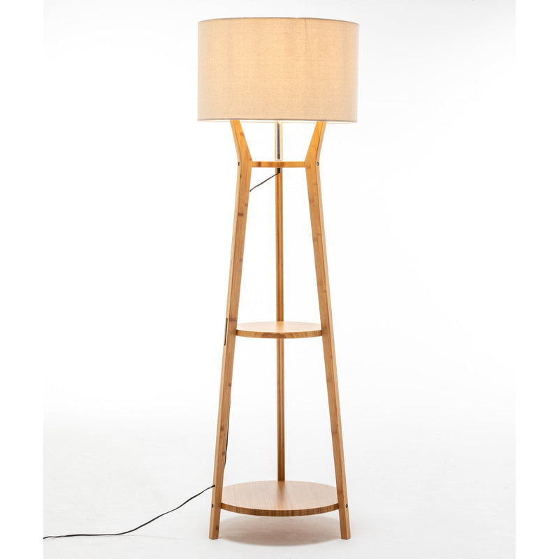 168cm Large Bamboo Wooden Tripod Floor Lamp Light Modern Linen Shade w Shelves Payday Deals