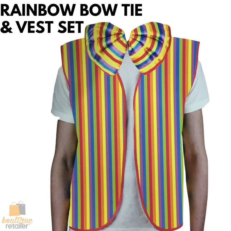 RAINBOW VEST & BOW TIE Set Kit Costume Jacket Yellow Fancy Dress Clown Party