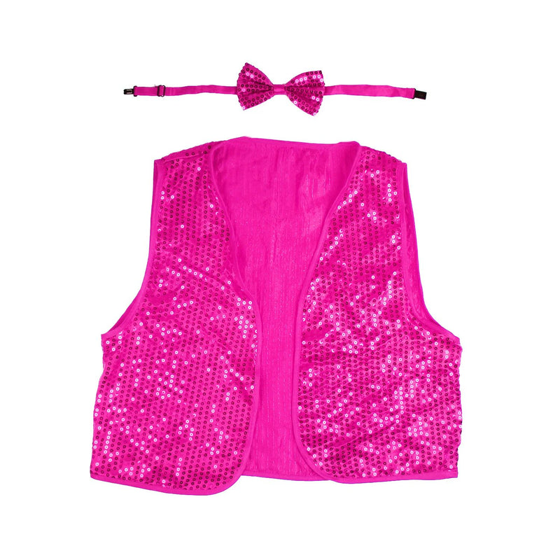 Kids Sequin Vest Bow Tie Set Costume 80s Party Dress Up Waistcoat - Hot Pink