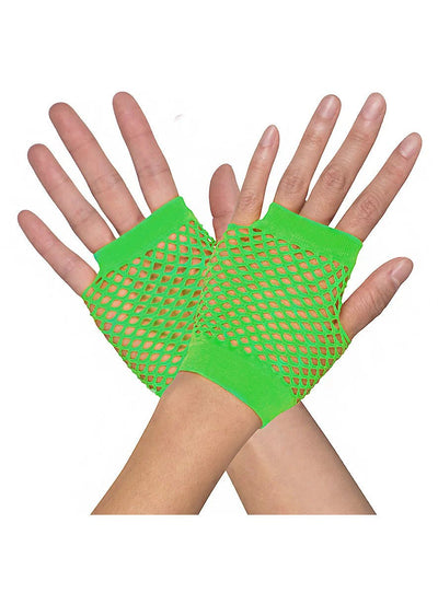1 Pair Fishnet Gloves Fingerless Wrist Length 70s 80s Costume Party - Neon Green