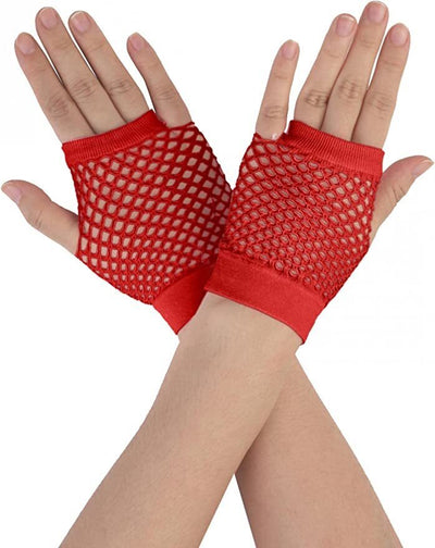 1 Pair Fishnet Gloves Fingerless Wrist Length 70s 80s Costume Party Dance - Red