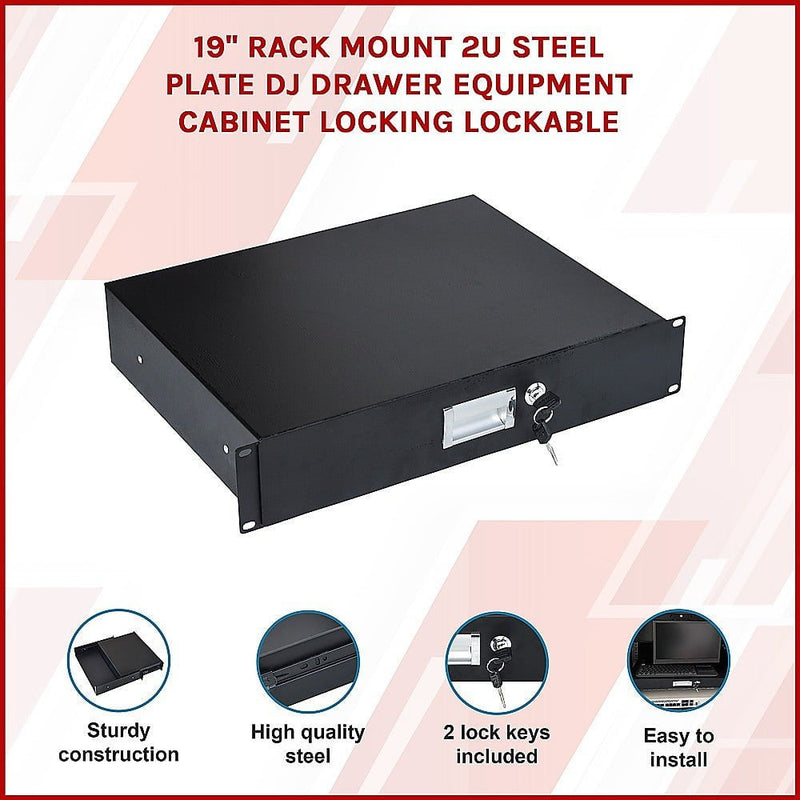 19" Rack Mount 2U Steel Plate DJ Drawer Equipment Cabinet Locking Lockable Payday Deals