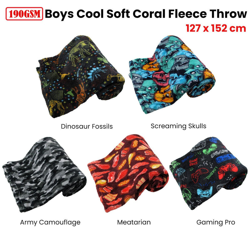 190GSM Boys Cool Ultra Soft Coral Fleece Throw 127 x 152cm Dinosaur Fossils Payday Deals