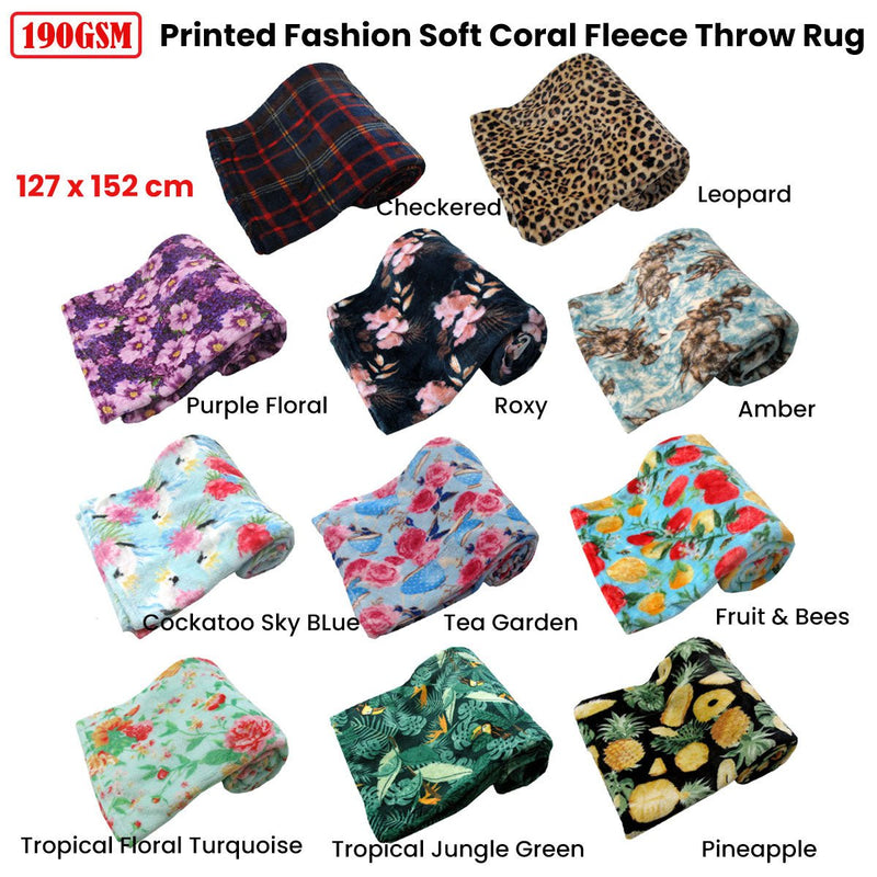 190GSM Fashion Printed Ultra Soft Coral Fleece Throw 127 x 152cm Floral Purple Payday Deals