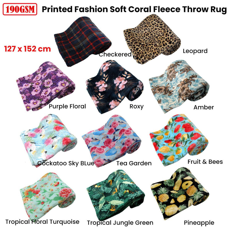 190GSM Fashion Printed Ultra Soft Coral Fleece Throw 127 x 152cm Tea Garden Payday Deals