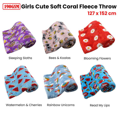 190GSM Girls Cute Ultra Soft Coral Fleece Throw 127 x 152cm Watermelon & Cherries Payday Deals