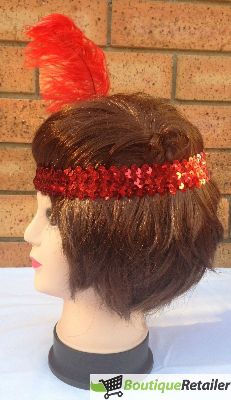 1920s FLAPPER HEADBAND Headpiece Feather Sequin Charleston Costume Gatsby Dance - Red Payday Deals