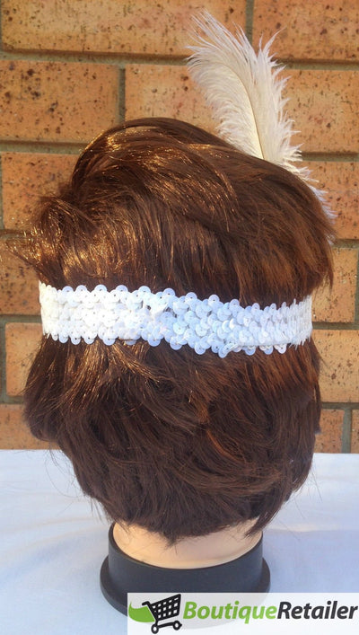 1920s FLAPPER HEADBAND Headpiece Feather Sequin Charleston Costume Gatsby Dance - White Payday Deals